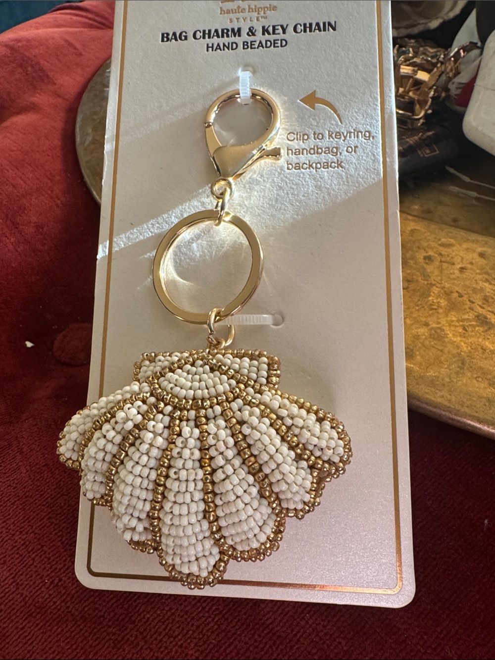 Haute Hippie White and Gold Beaded Shell Keychain Charm